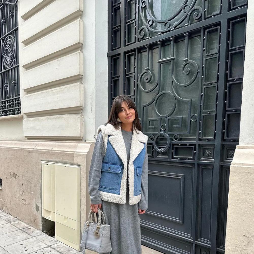 Μόδα Αμάνικο Γιλέκο από Μαλλί Αρνιού Γυναικείο Χοντρό Πατς Γυναικείο Γιλέκο Μπουφάν Φθινόπωρο Χειμώνας Ζεστό Καθημερινό Πέτο Πλούσιο Κυρία Μπλούζες