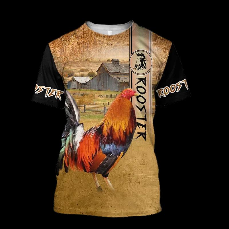 Fighting Rooster 3D Printed Round Neck T-shirt for Men, Fashionable Short Sleeved Pullover, Casual Street Harajuku Tops