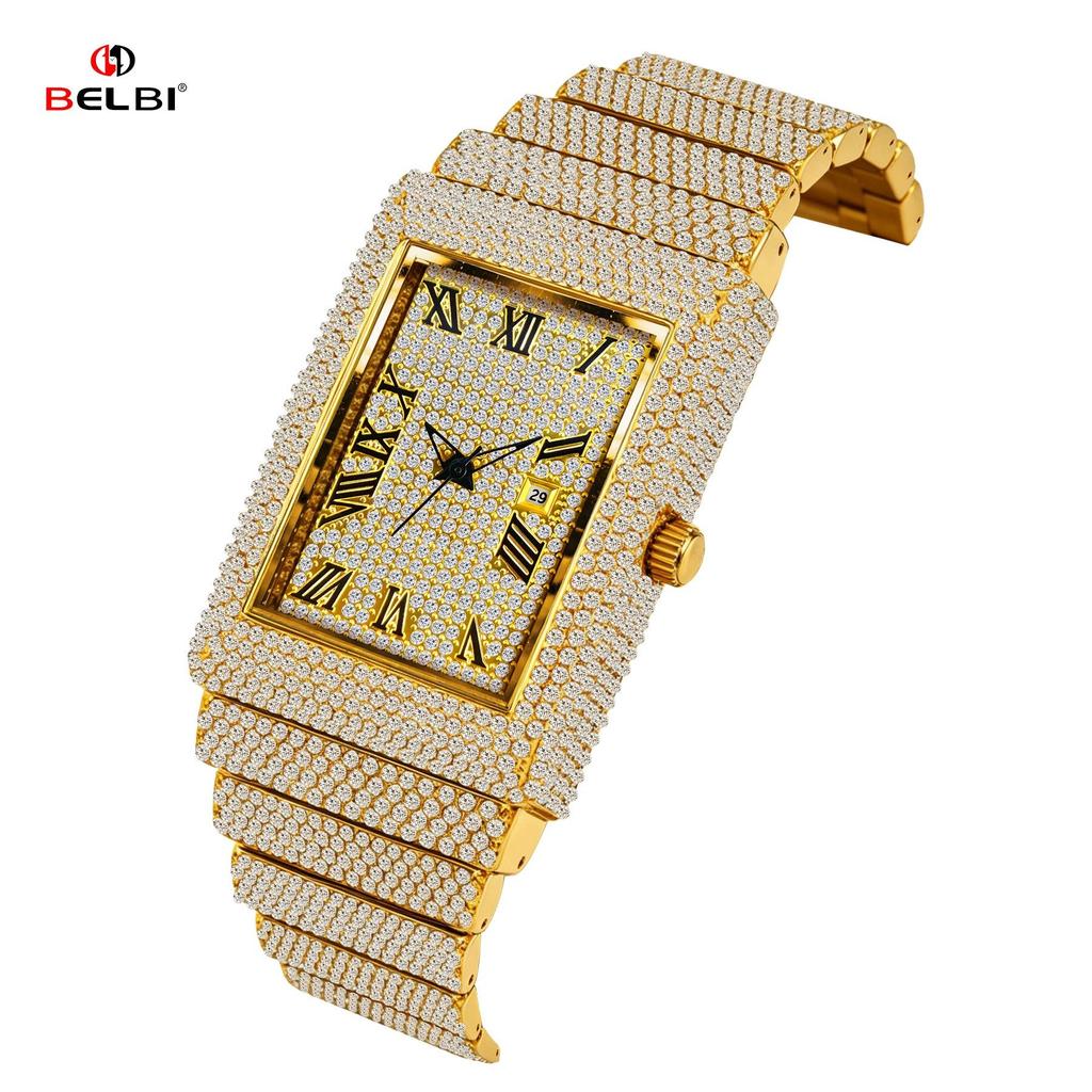 Damski Kwadratowy Zegarek z Diamentami Bling Iced Out Kwarcowy Zegarek na Rękę Cyfry Rzymskie Wodoodporny Modne Zegarki dla Mężczyzn