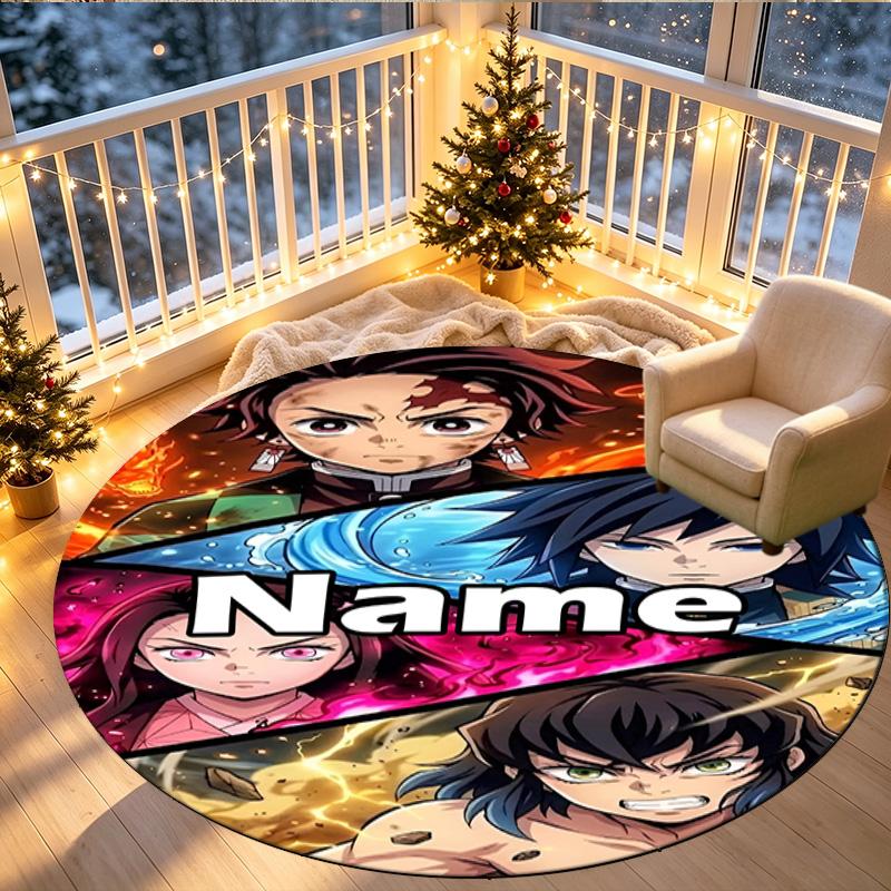 Custom Name Personalized Demon Slayer Print Round Rug, Versatile Home Decor Carpet, for Playroom, Apartment, Balcony, Entryway, Hallway Gift