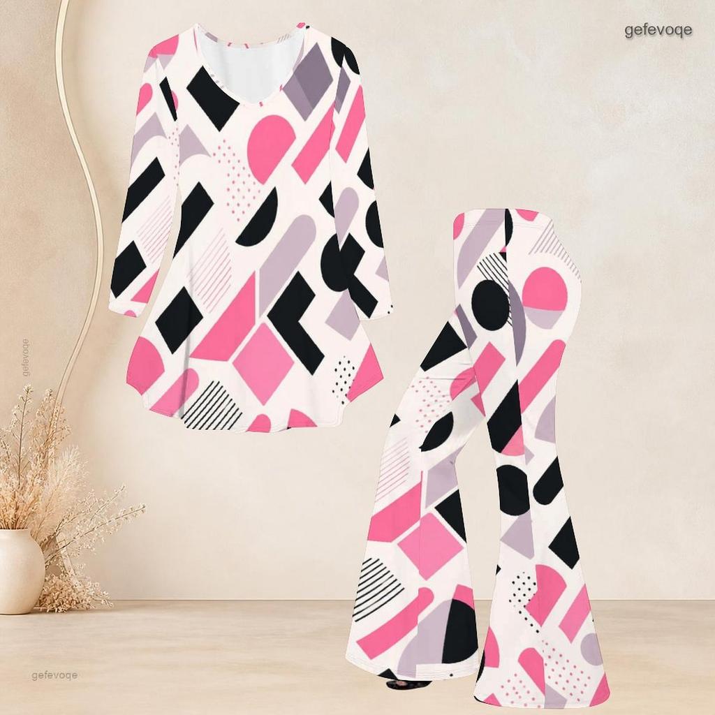 Women Plus Size Printed V Neck Three Quarter Sleeve Flared Top And Flared Pants Two Piece Set
