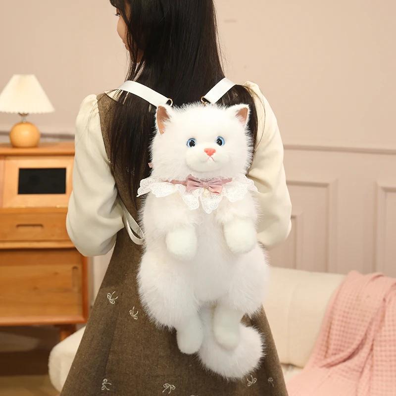 Adorable Realistic Ragdoll Cat Plush Backpack Soft Fluffy White Black Cat Shoulder Bag With Adjustable Strap Cute Cat Bag