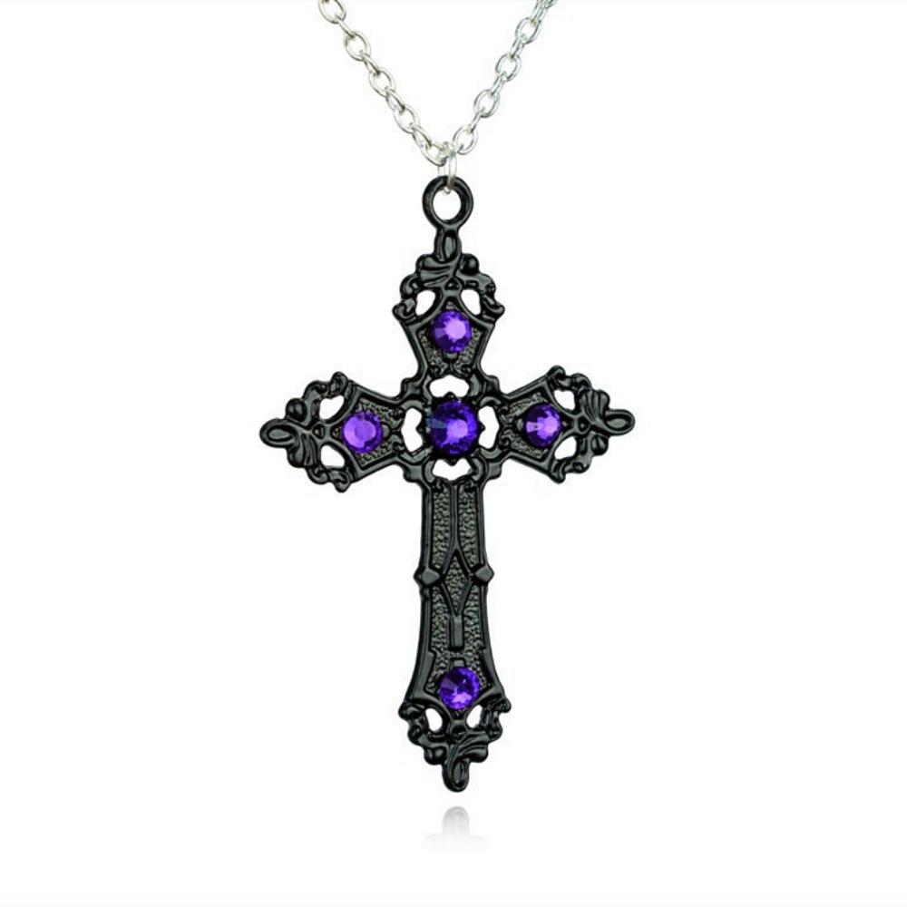 New Gothic Dark Retro Hollowed-out Cross Red Zircon Big Pendant Necklace for Women Men Halloween Party Jewelry Accessories Gifts