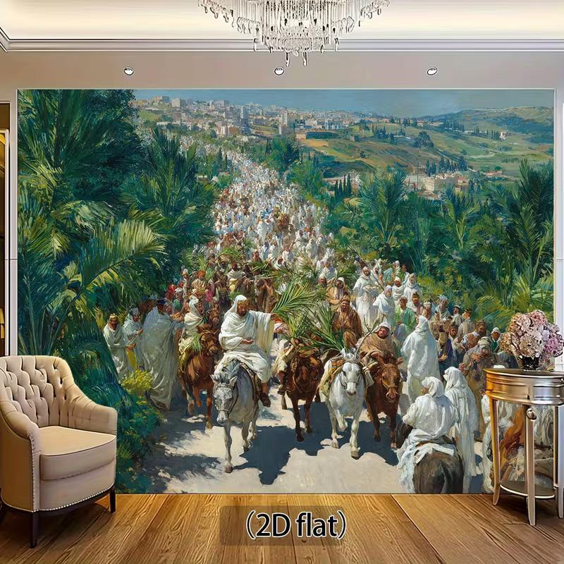 

2D Triumphal Entry Backdrop, Palm Sunday Procession Scene Background for Christian Home Decor 47.2x31.5inch/120*80cm