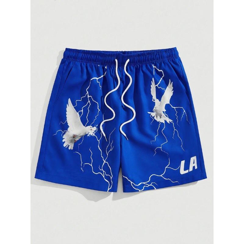 Shorts d'été amples à séchage rapide pour hommes, style urbain, imprimé pigeon et lettres, cordon de serrage, poches, Short de plage