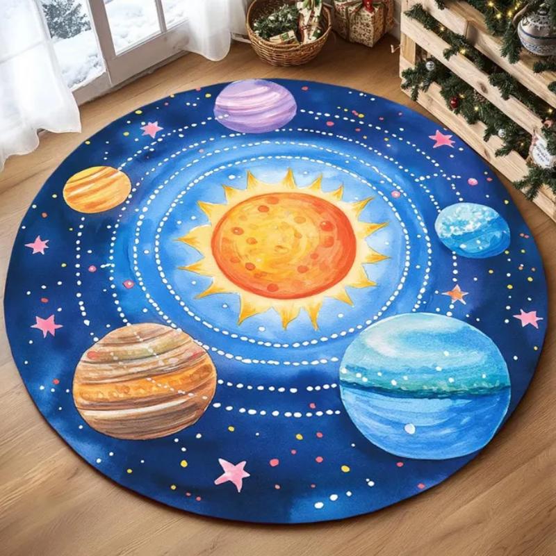Space Solar System Astronaut Round Rug Non Slip Soft Carpet Galaxy Planet Print Kids Play Mat for Bedroom Playroom Living Room