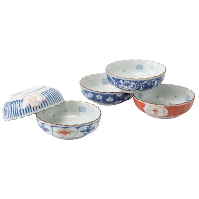 Hasami Ware Tableware Set, 5-piece Small Bowl Set, Dyed and Nishiki-e Design, Microwave and Dishwasher Safe, Blue, 31007