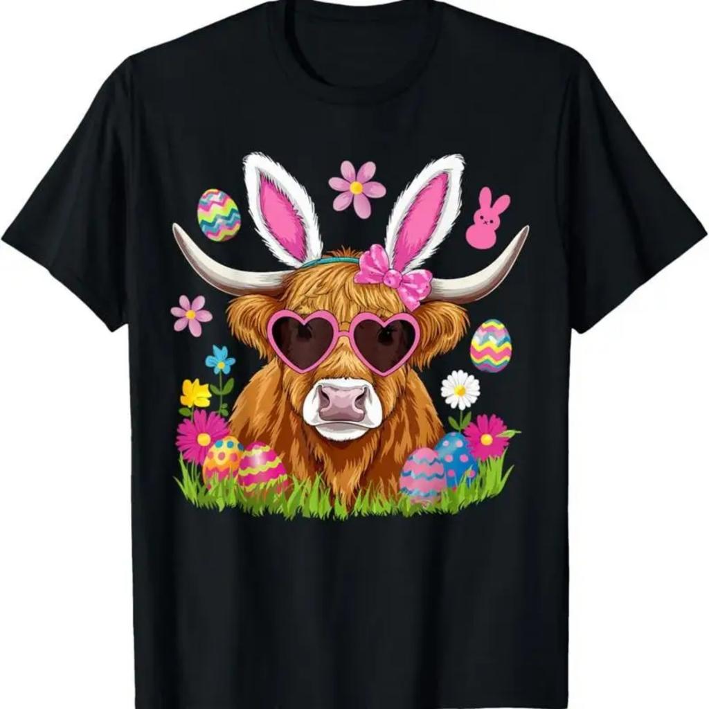 Easter Day Highland Cow Cute Bunny Farmer Women Kids T Shirt