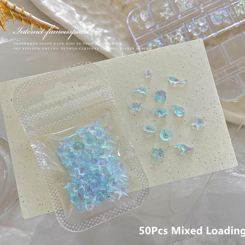 50 Pcs Ocean Series Glossy Colorful Shell Starfish Conch Fishtail Resin Nail Art Jewel Decorations Manicure Ornament