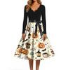 Women's Casual Vintage Halloween Dress V Neck Long Sleeve Bat Print A Line Skirt Retro Style Belted Waist Swing Dress