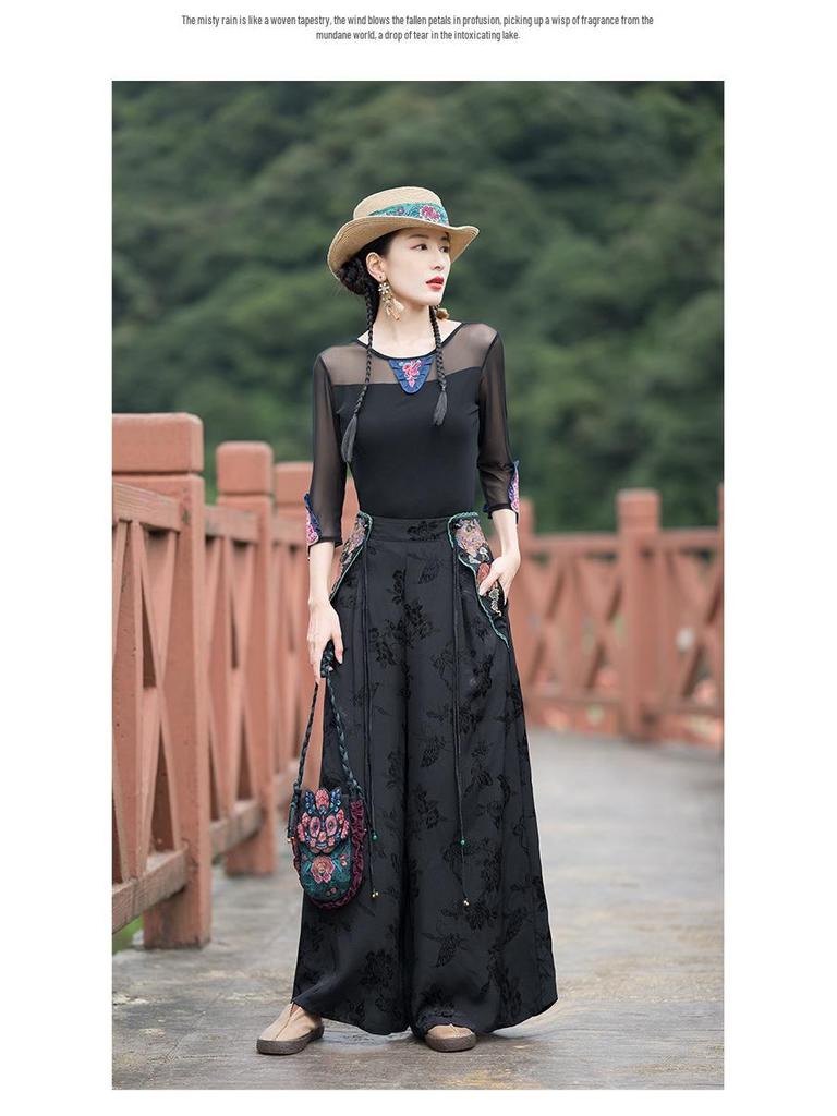 Women's Ethnic Style Embroidered Wide-Leg Pants - Casual Retro Long Trousers