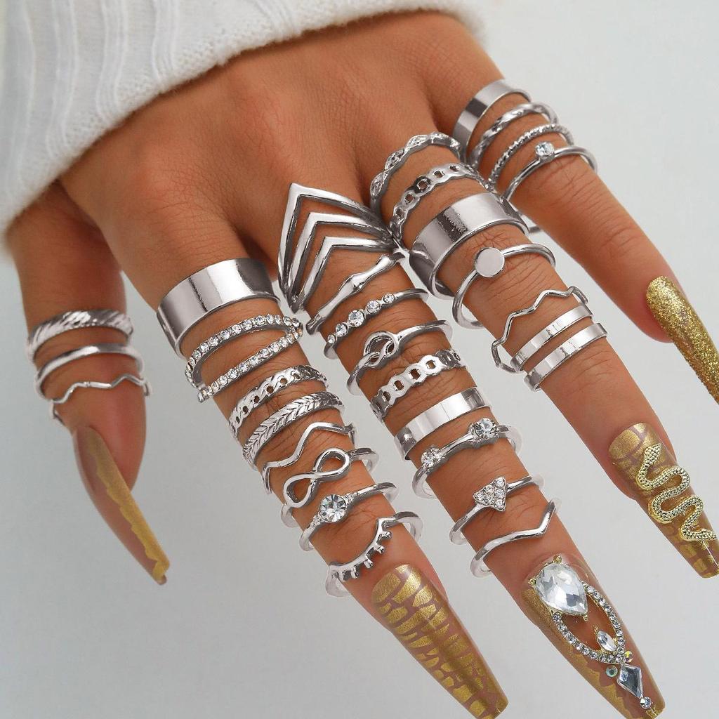 23-Piece Set: Black Butterfly Diamond & Pearl Knuckle Rings for Women