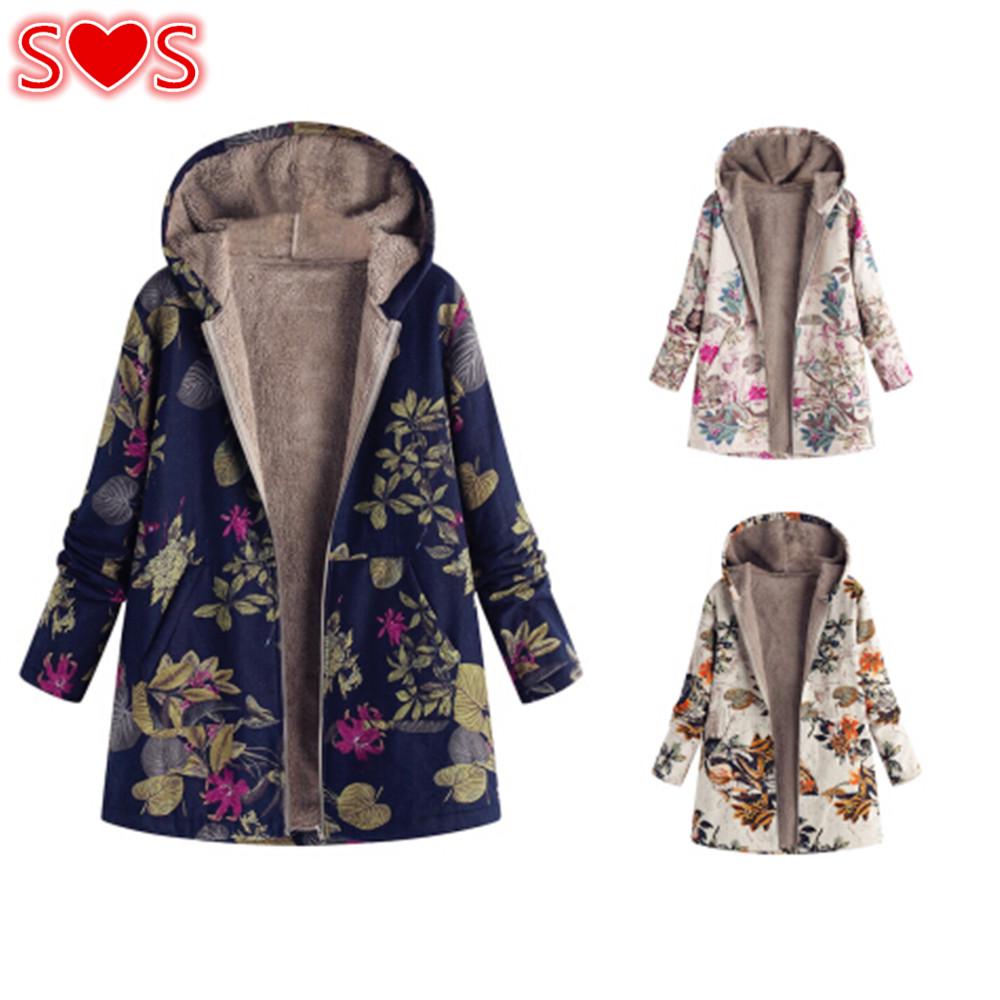 Buy Womens Winter Warm Outwear Floral Print Hooded Pockets Vintage