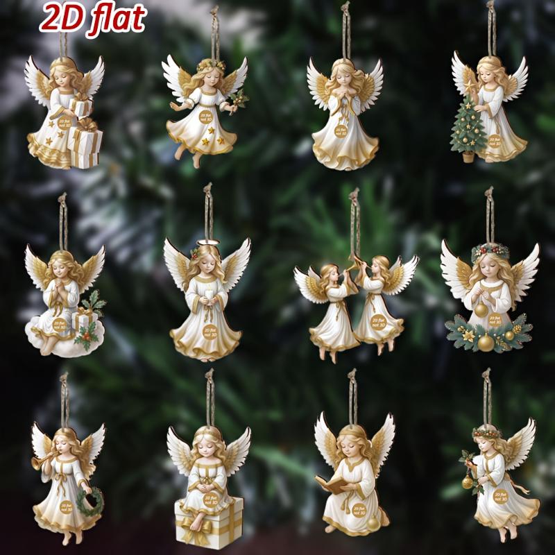 12Pcs Christmas Ornaments Vintage Wooden White Angel Pendant Merry Christmas  Year Pendant Gift Xmas Tree Decor Supplies