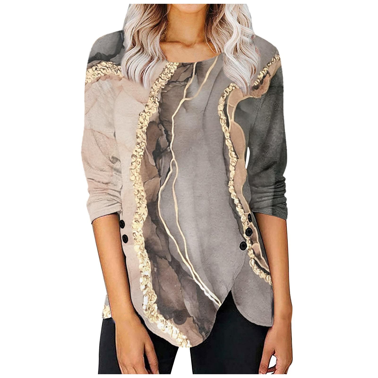 

Женская футболка с круглым вырезом, длинными рукавами, принтом, нестандартной застежкой на пуговицы XL