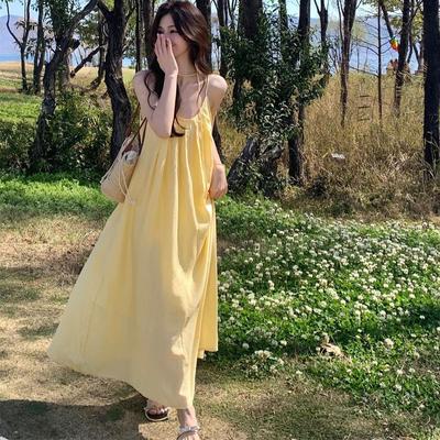 Holiday Style Yellow Suspender Dress Women's Clothing Summer Seaside Wear Skirt Loose Age-reducing A-shaped Skirt Long Skirt