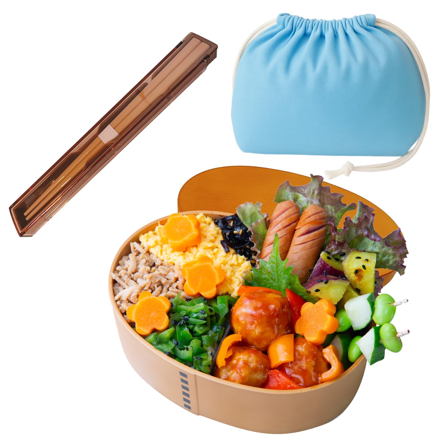 

Centcres lunch box Drawstring pouch Chopsticks set Oval 550ml With elastic band White wood look White Made in Japan Antibacterial set Microwave-safe