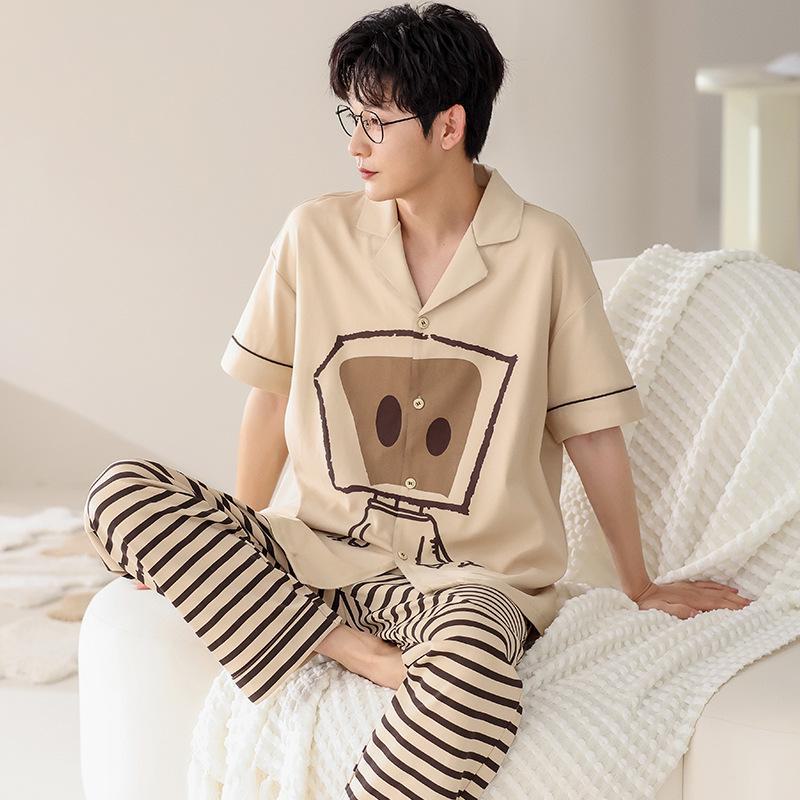 

Мужской пижамный комплект из 100% хлопка с короткими рукавами - летний кардиган и свободные брюки, большой размер ZH-AM705, 2XL