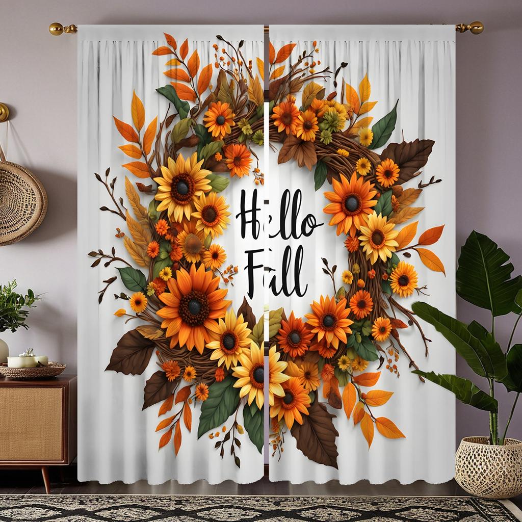 2 Stück HD Erntedank Sonnenblumen Rattan Girlande Vorhang Grün Gelb Krawatte Digital bedruckter Vorhang Heimdekoration Stil Dekorieren