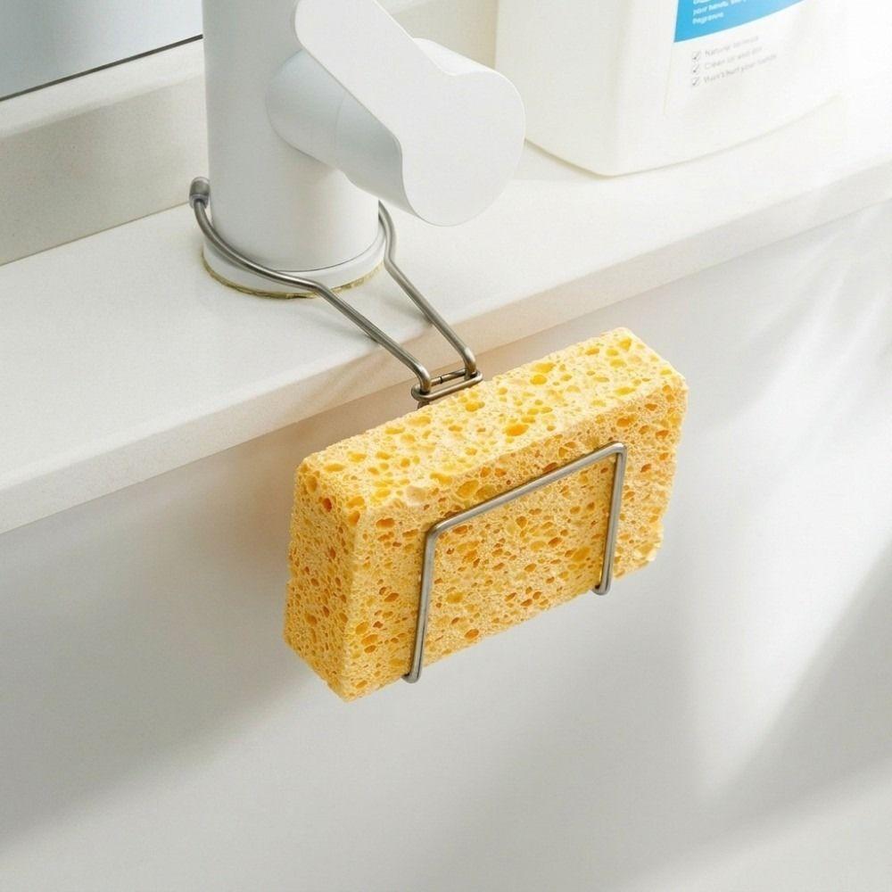 Practical Stainless Steel Sink Sponge Drain Rack Adjustable Simple Faucet Hook No-Drill Steel Wire Ball Holder Cleaning Storage