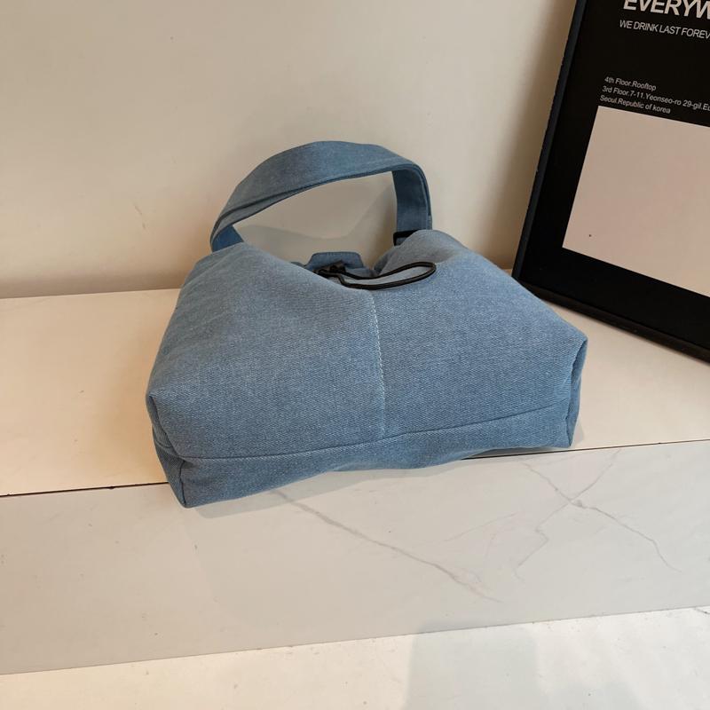 Large Capacity Drawstring Bucket Bag Women's Denim Crossbody Bag Commuter Shoulder Bag