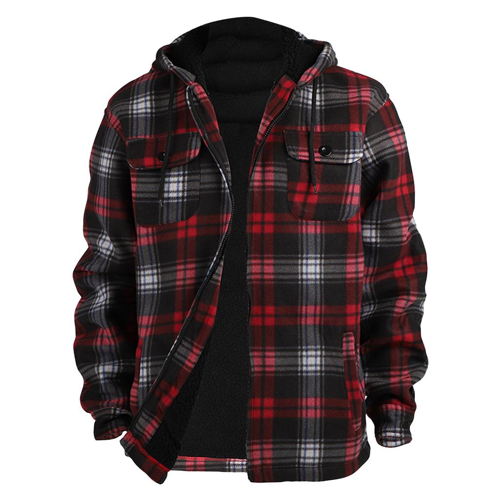 Men's Plaid Long Sleeve Shirt Men's Pocket Button Hooded Sweatshirt