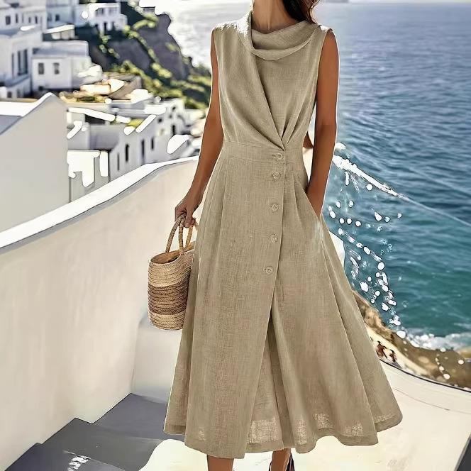 Elegantes ärmelloses Kleid aus französischer Leinen-Baumwolle für Damen - Strandurlaub 2026