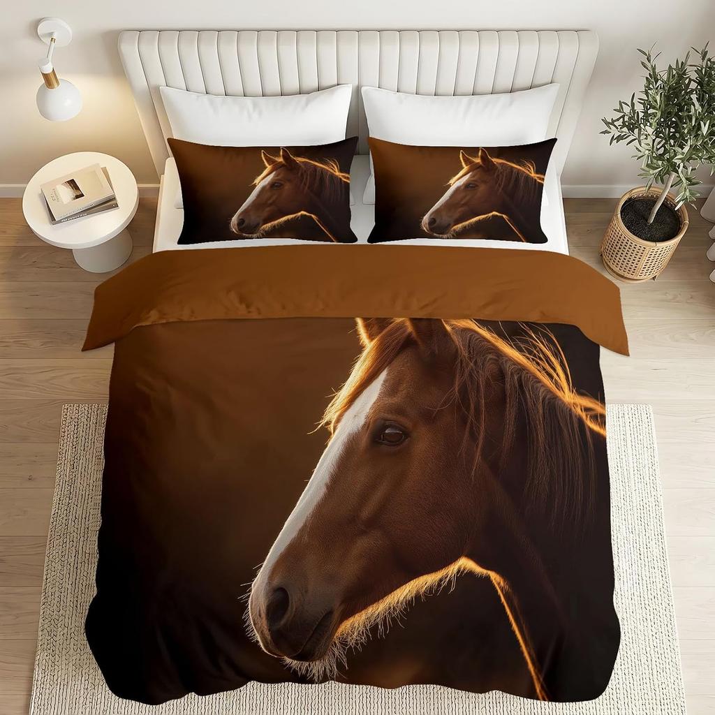 Single Duvet Cover Set Reversible Realistic Animal Bedding Set with Pillowcases,Horse Quilt Cover with Zipper for Kids Boys Girl