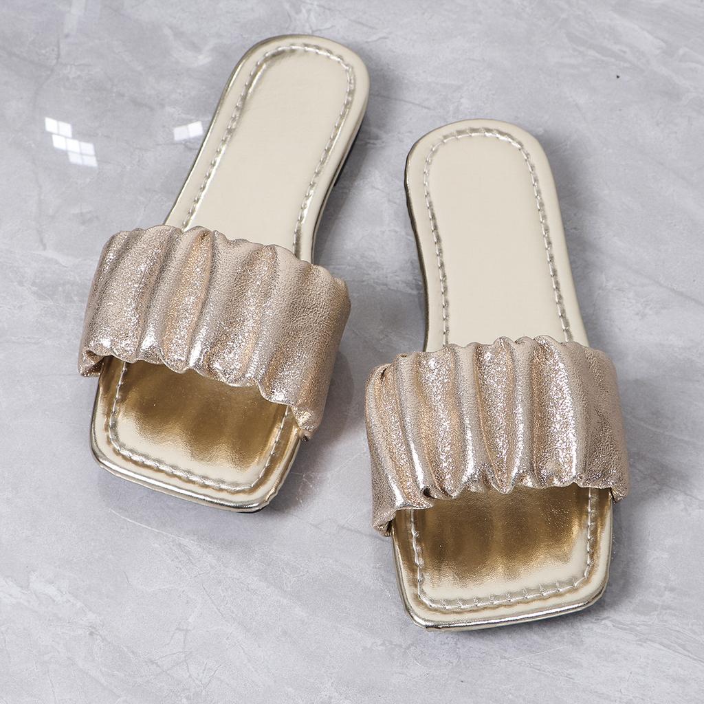 Fashion Pleated Summer Slippers for Women 2025 New Square Toe Flat Sandals Woman Casual Solid Color Anti Slip Beach Flip Flops