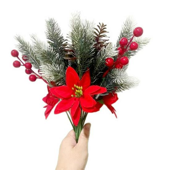 Holiday Artificial Bouquet: Pine Needles, Red Berries, Poinsettia, Faux Flowers for Christmas Home Decor