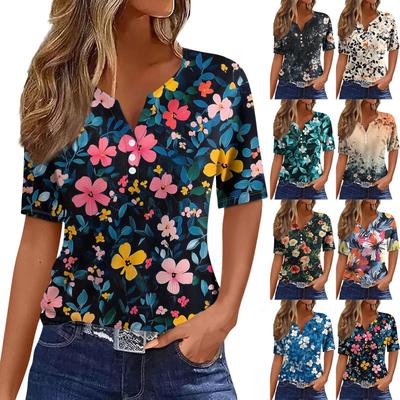 Women's T Shirt Tee Print Button Short Sleeve Daily Weekend Fashion Basic V- Neck Regular Top