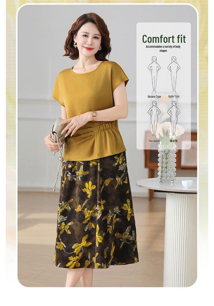 Summer 2025 Mom's Short-Sleeve T-shirt & Skirt Set for Middle-Aged Women