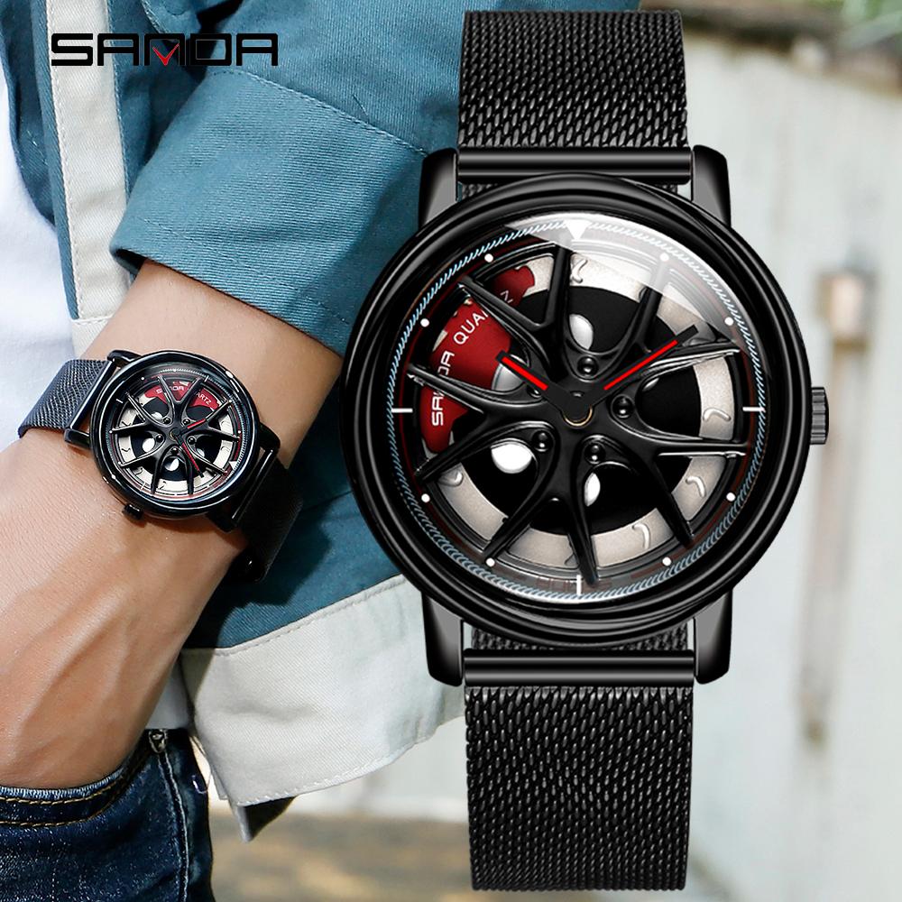 SANDA Top Men Quartz Watches Sports Car Watch Waterproof Sport 360℃ Rotating Rim Hub Wheel Wristwatch Car Quartz Men's Watches
