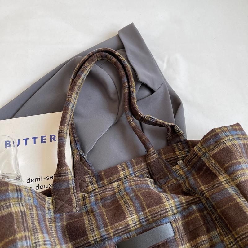 Woolen Plaid Big Bag Women's Portable Tote Bag Commuter Shoulder Bag