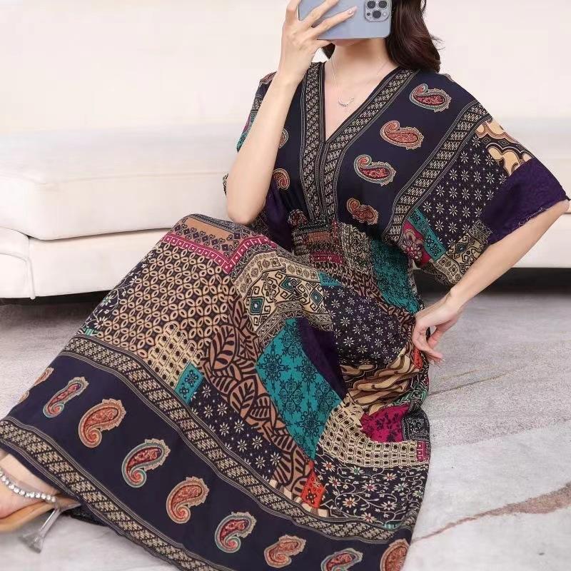 Ethnic Style V-neck Cotton and Silk Short-sleeved Beach Dress Thailand Travel Dress Summer Print Vacation Floral Skirt