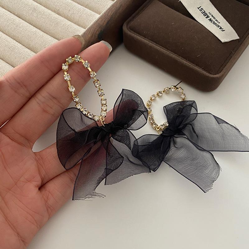 Mesh sløyfe øredobber Lang frynset atmosfære High-end øre smykker koreansk versjon av Hepburn Cold Wind øredobber kvinner