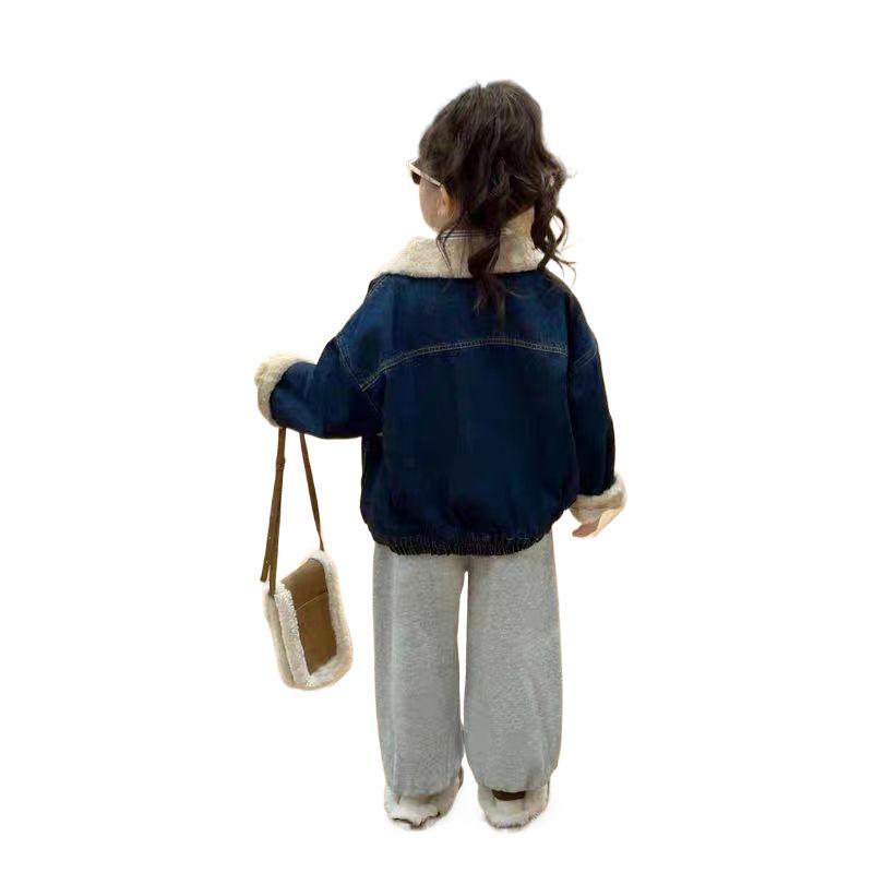 2024 Girls' Winter Fleece-Lined Denim Jacket & Pants Set