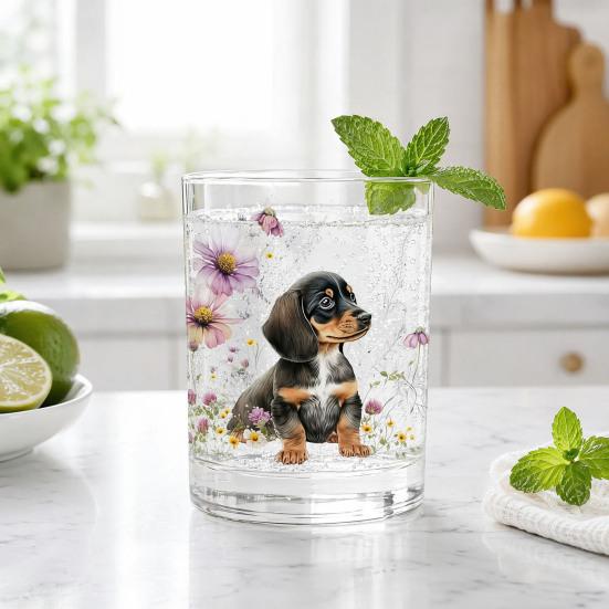 Whiskey Glass, Dachshund Glass Tumbler, Hand Painted Dog Floral Cup for Whiskey Coffee, Home Bar Gift for Dog Lovers