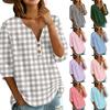 Camisa Casual de Mujer con Estampado a Cuadros de Algodón Lino con Cuello Henley de Botones y Mangas Tres Cuartos Corte Holgado