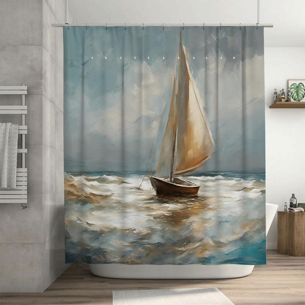 High Quality Oil Painting Print Shower Curtain Sailboat Waterproof Bathroom Decoration Modern Artistic Home Decor 180x180cm