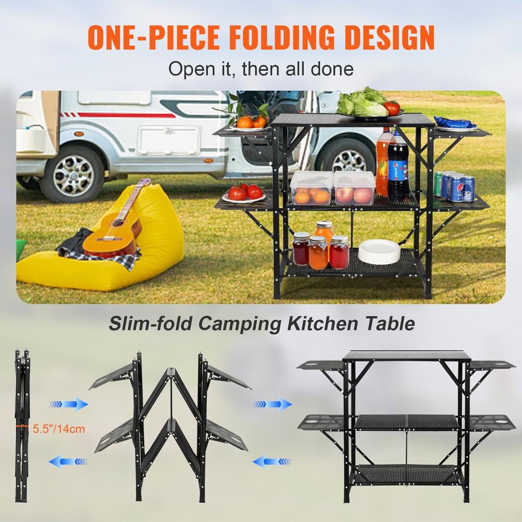 Camping Kitchen Table, One-piece Folding Portable Cook Station with A Carrying Bag, Aluminum Camping Table 4 Iron Side Tables & 2 Shelves, Ideal for