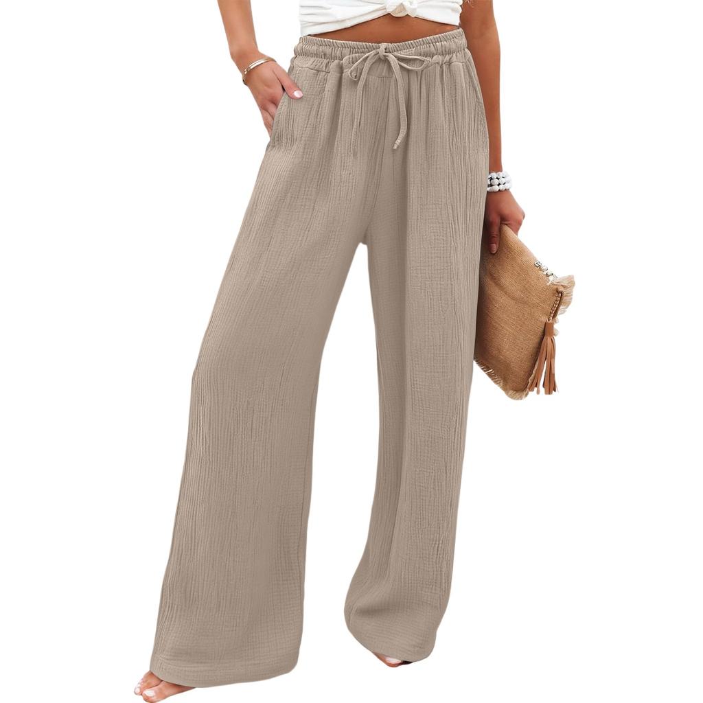 Women's Wide Leg Pants Elastic High Waist Drawstring Pants Flowy Summer Beach Palazzo Pants Casual Trousers