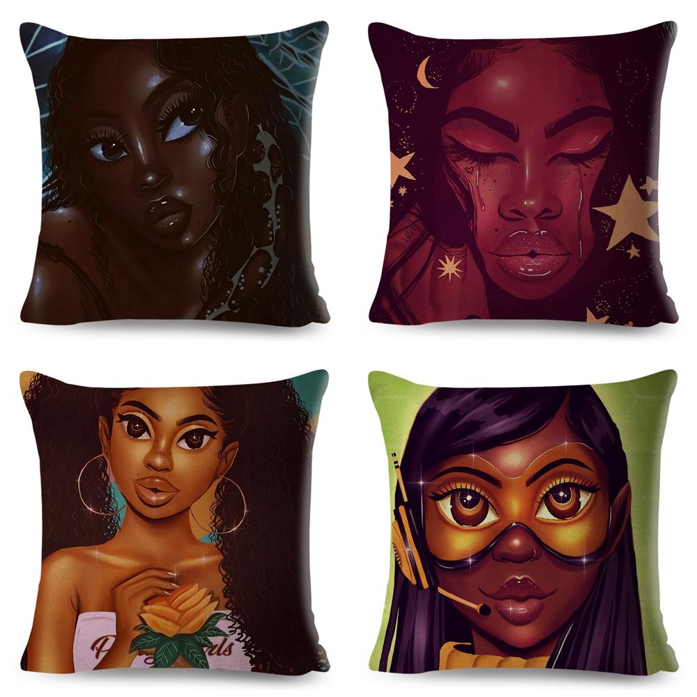 Beautiful Black Women Africa Girl Pillow Case Polyester Decor Colorful Cartoon Cushion Cover For Sofa Car Home Pillowcase 45X45