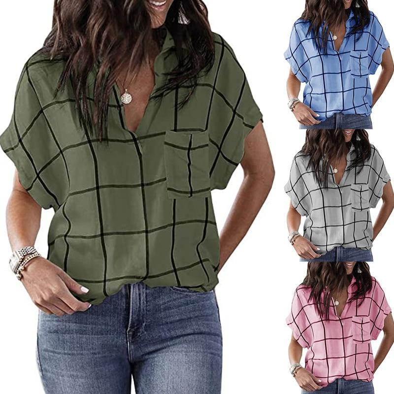 

Spring and Summer New Fashion Women s Casual Loose Check Print Pocket V-Neck Short-Sleeved Plus Size Pullover T-Shirt S сірий