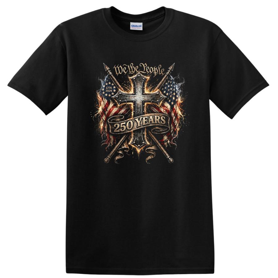 We the People 250 Years USA Flag Cross T Shirt Patriotic Tee 1776 2026 S