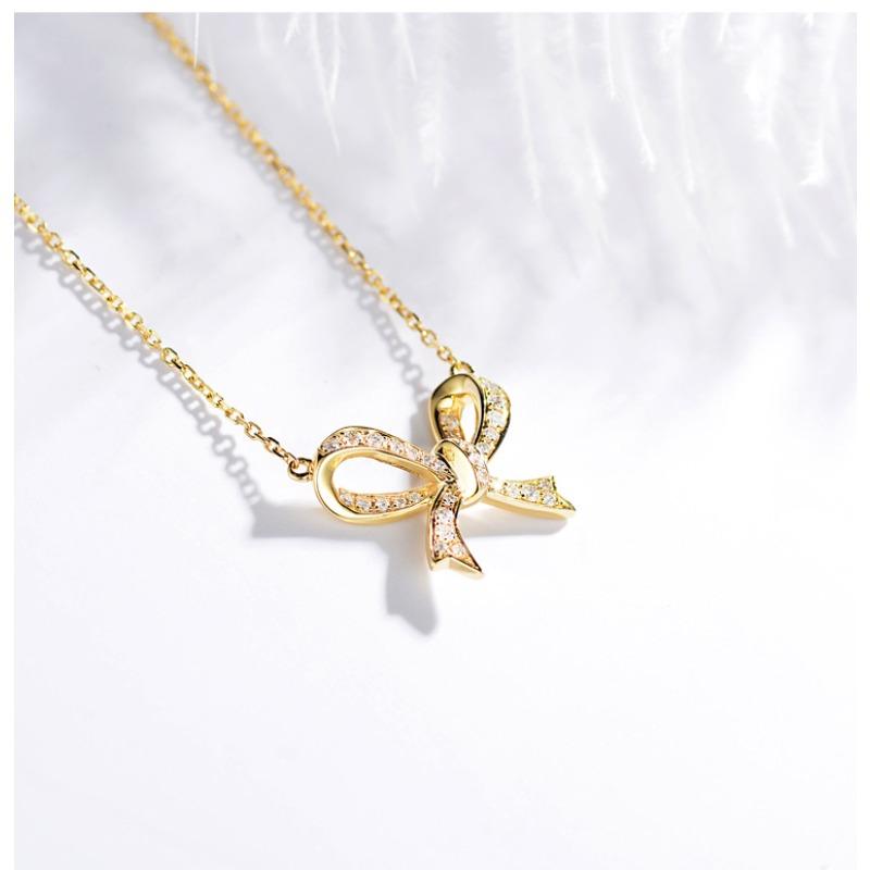 Korean Necklace for Women Japanese and Korean Version Simple and Fashionable Diamond Inlaid Bow Pendant Chain Temperament Collarbone Chain