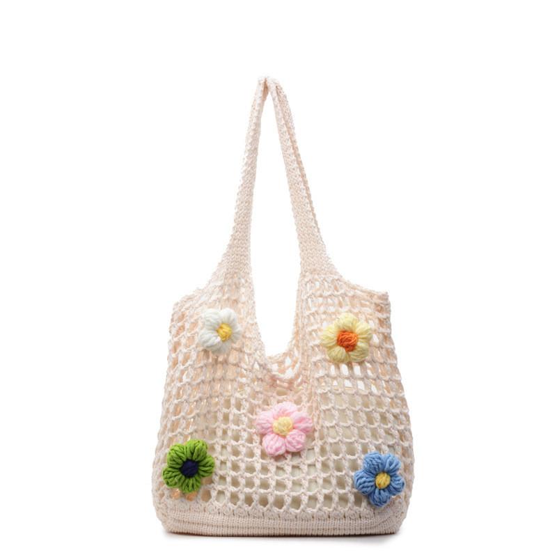 Cotton Woven Beach Bag With Floral Pattern For Summer Vacation And Daily Use