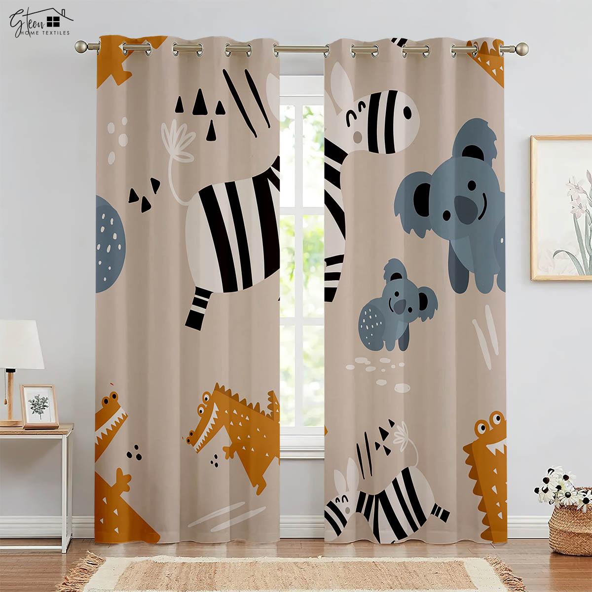 Hochwertige Tiervorhänge Hase Reh Fuchs Katze Koala Elefant Giraffe Tiger Löwe Krokodil Verdunkelung Wärmedämmvorhänge W100xH130(CM) folio&Rod pocket