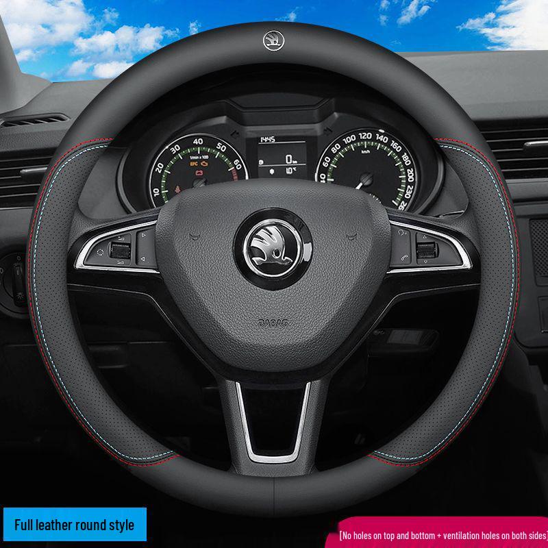 Skoda Leather Steering Wheel Cover for Octavia, Karoq, Kodiaq GT, Superb, Kamiq - Ultra-thin All-Season Universal Fit