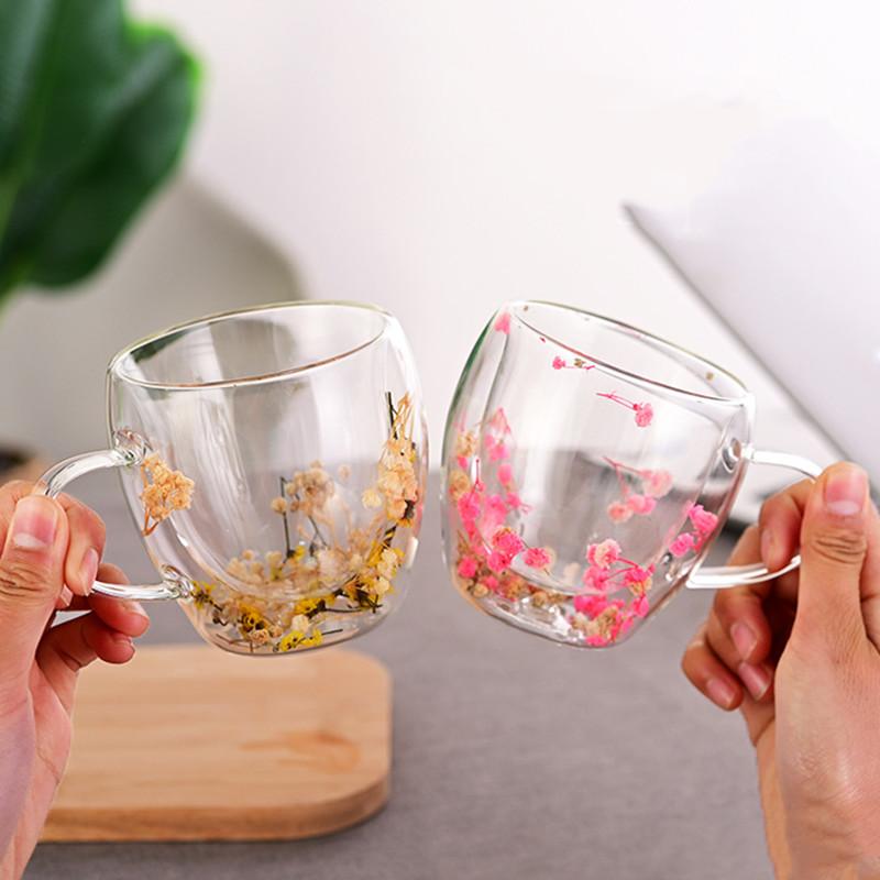 250ml Double Wall Coffee Mug Flower Filler Glass Cups Tea Coffee Cup With Handles Heat Resistant Mug Gift